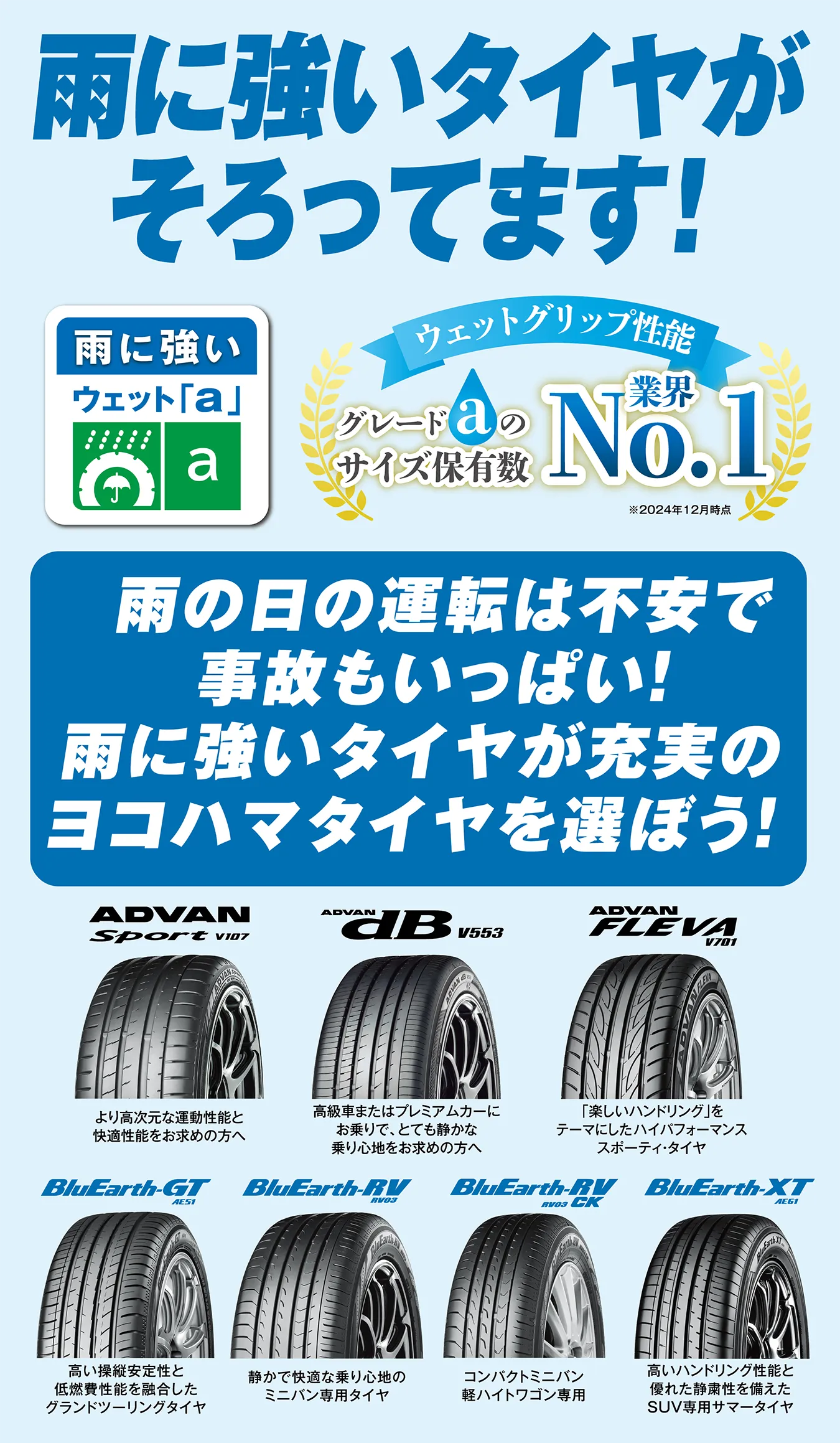 雨に強いタイヤがそろってます！雨の日の運転は不安で事故もいっぱい！雨に強いタイヤが充実のヨコハマタイヤを選ぼう！