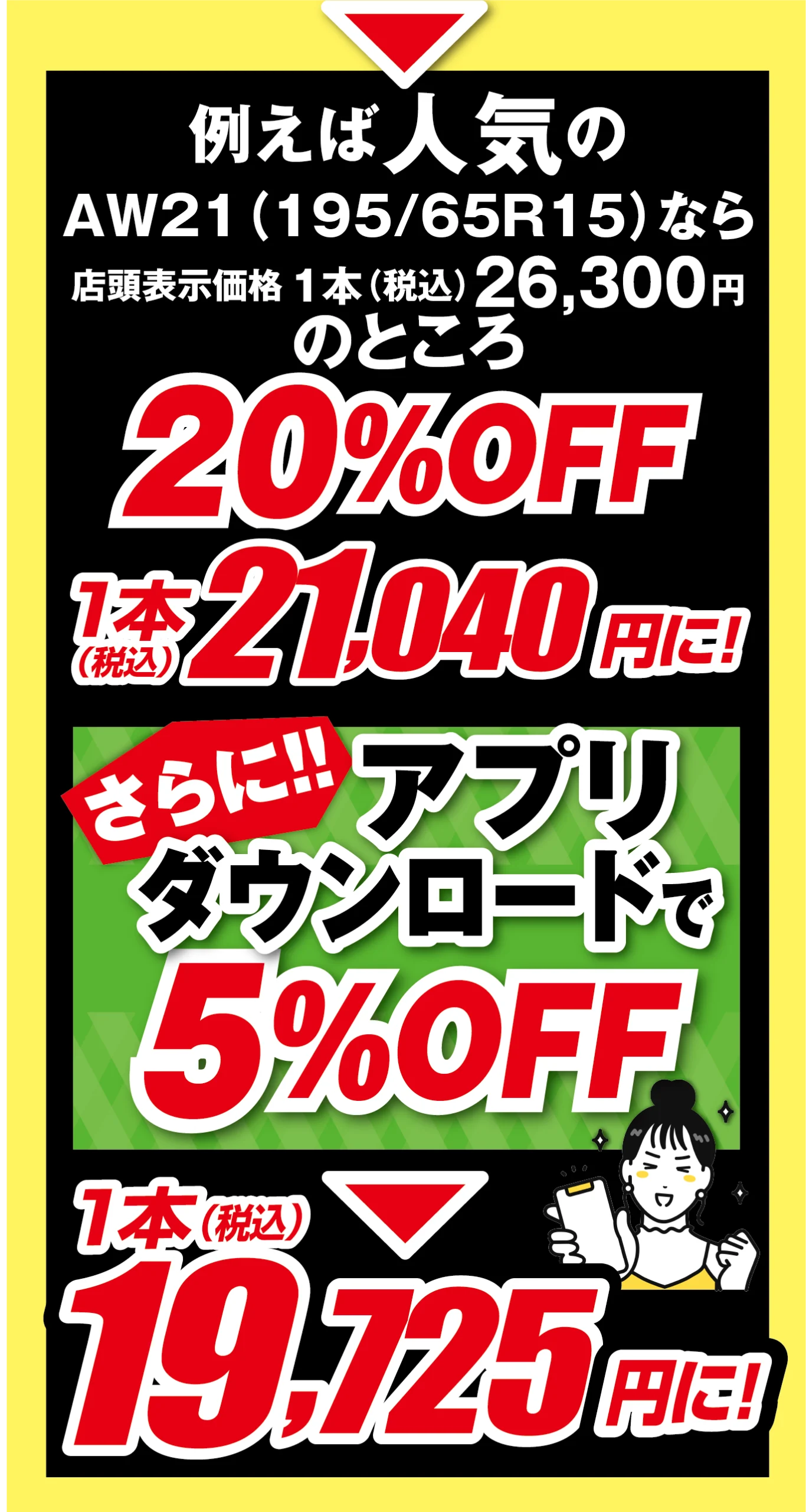 例えば人気のオールシーズンタイヤAW21の195/65R15なら１本￥26,300のところ25%OFFで１本￥19,725に。