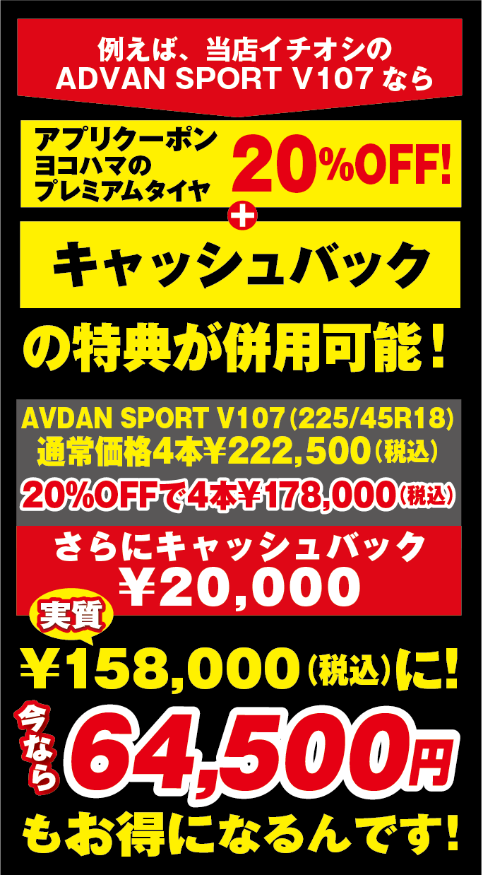 例えば人気のADVAN SPORT V107の225/45R18なら４本￥222,500のところ25%OFFで４本￥158,000に。
