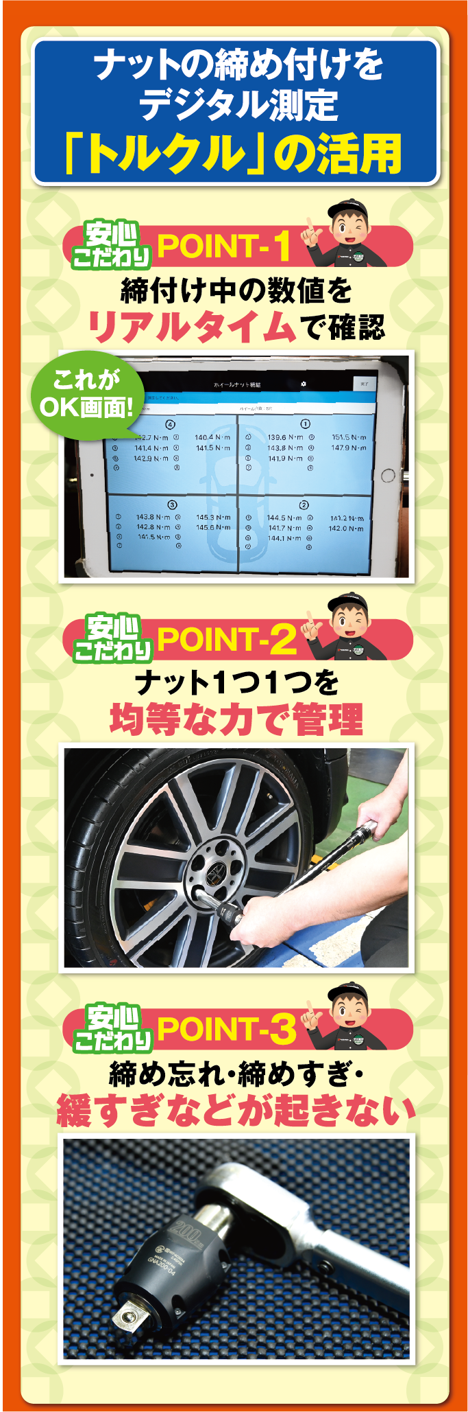 ナットの締め付けをデジタル測定「トルクル」を活用。