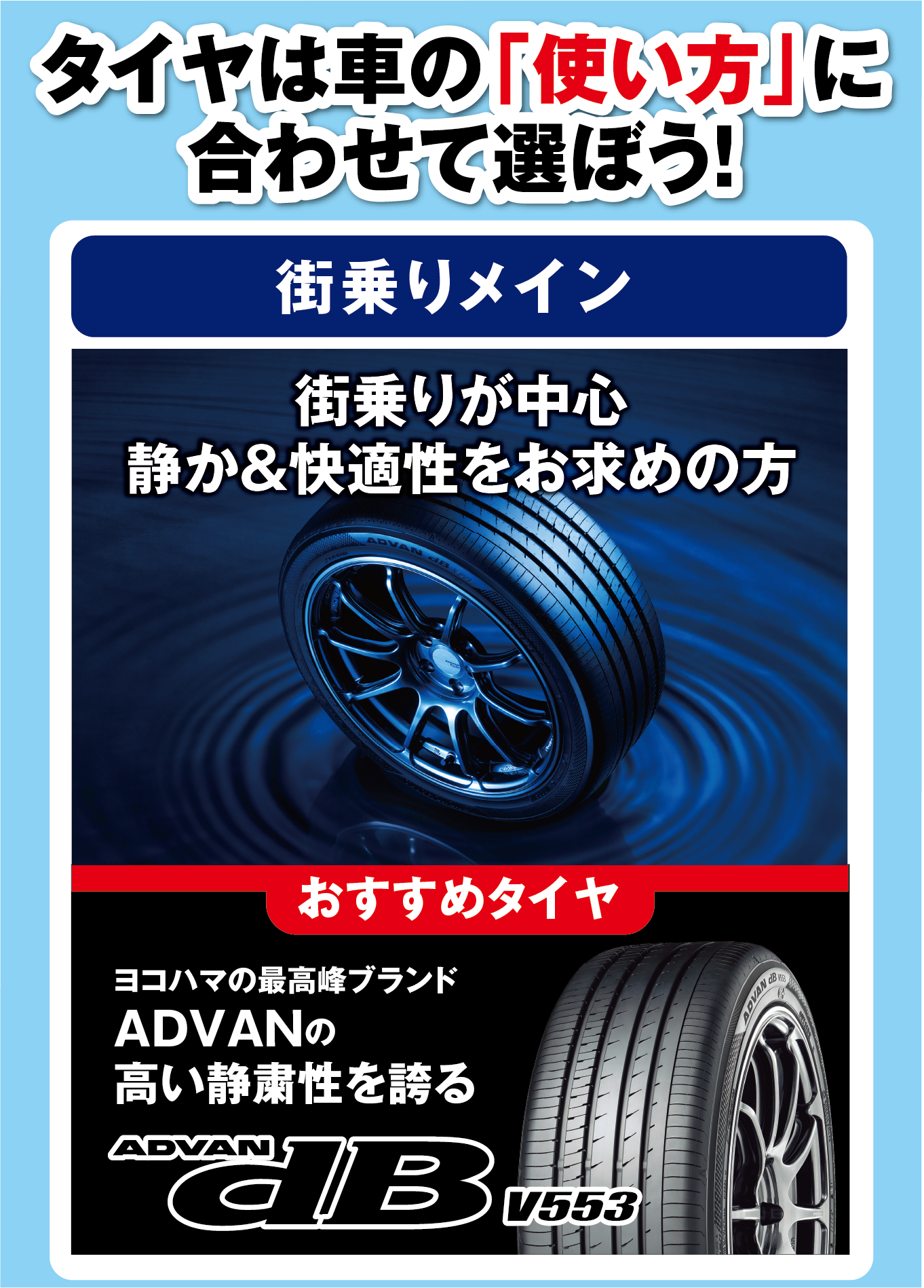 タイヤは車の「使い方」に合わせて選ぼう！街乗りメインの方には、アドバンデシベルがおすすめ！