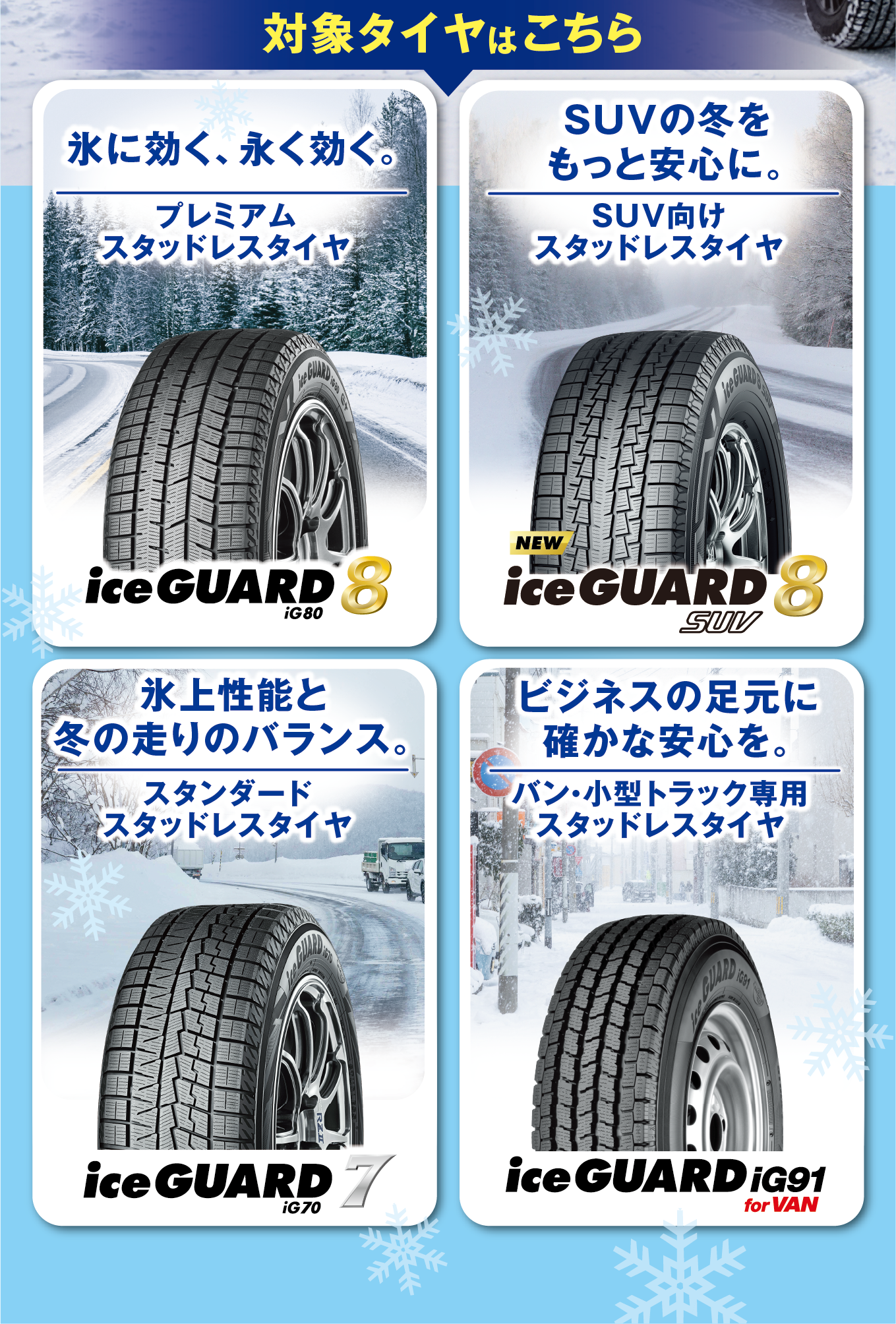 割引対象タイヤは、アイスガード８、アイスガード８SUV、アイスガード７、iG91forVANの４つのタイヤです。